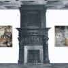 Ego in Arcadia, 2025, silk screen print on canvas, glazed ceramic, 24 carat gold leaf, steel, diptych, each panel 100 x 80 x 10 cm
